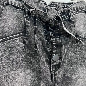 Women's Black Acid Wash Jeans button fly and tie waist detail